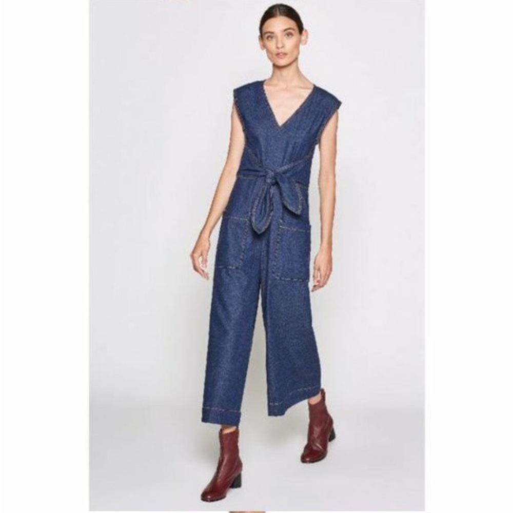 $760 Joie Womens Blue Wister Sleeveless Cropped Waist Tie Denim Jumpsuit Size M